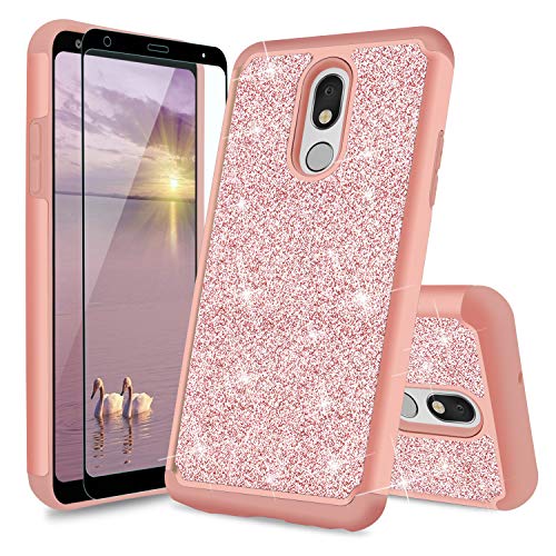 TJS Phone Case Compatible with LG K40/LG K12 Plus/LG X4/LG Solo LTE/LG Harmony 3/LG Xpression Plus 2, [Full Coverage Tempered Glass Screen Protector] Glitter Bling Cute Girls Women Hybrid (Rose Gold)